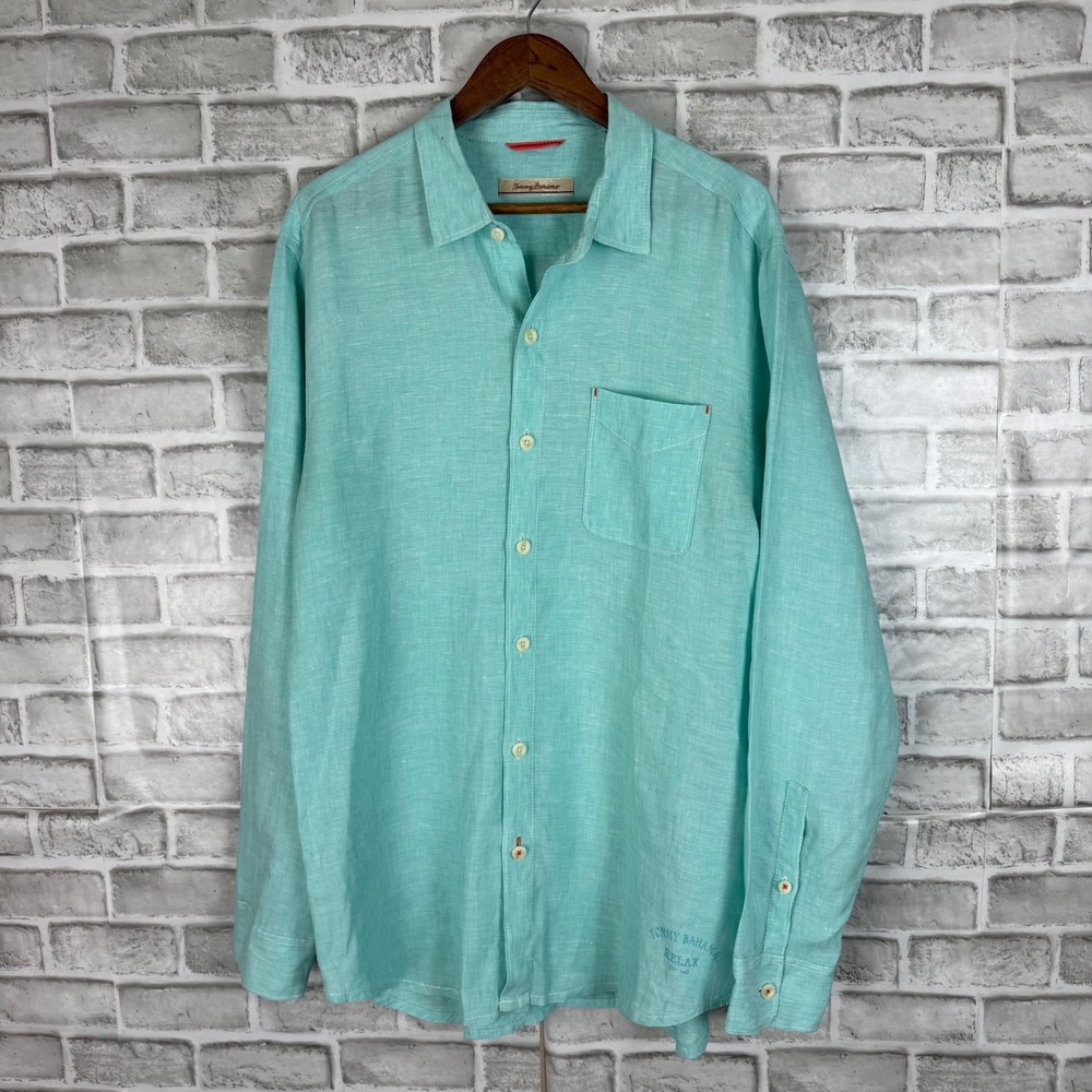 Tommy Bahama Relax Men Large All Linen Long Sleeve Button Up Shirt Seafoam Green